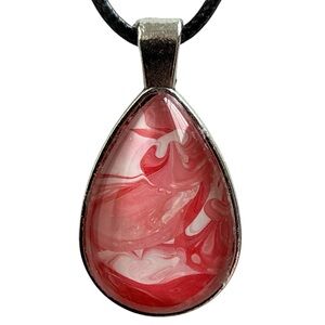 Handmade Red Pink Teardrop Pendant Necklace Swirl Art Cabochon 20” Cord